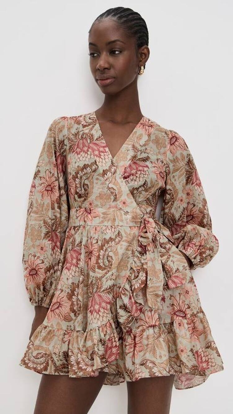 Zimmermann Daylight Mini Wrap Frill Dress in Stamp Floral Sage 2 US 8